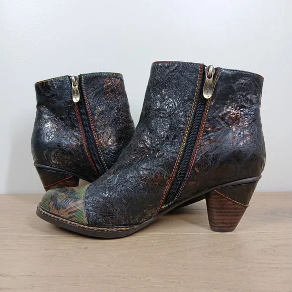 Spring Step L'Artiste Waterlily Boots Women 9 Multicolor Leather Block Heel - Picture 4 of 12